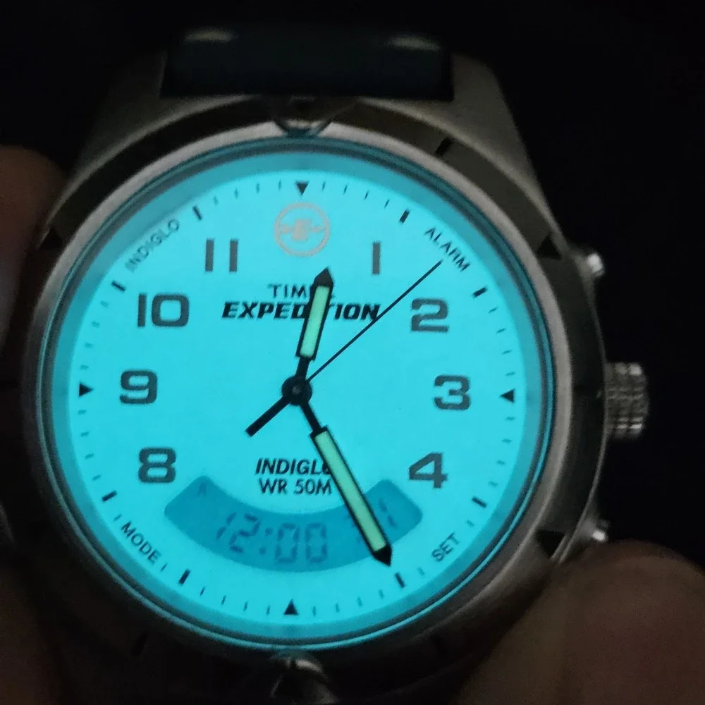 VTG Timex Expedition Ana-Dig Men's Watch 38MM NEW Blue Leather Bands NEW Battery